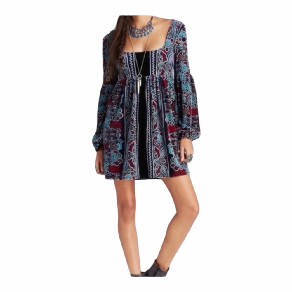 Bohemian Paisley Long-Sleeve Mini Dress in Burgundy and Teal